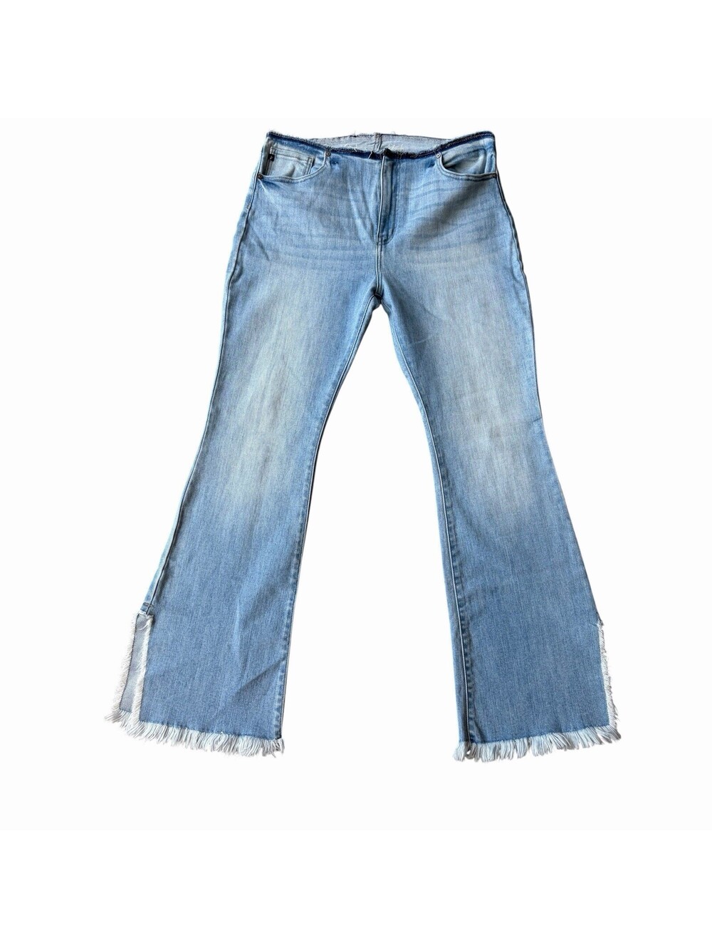 KanCan Women’s Flared Jeans Light Wash Blue Denim Mid Rise Stretch Fringe Hem